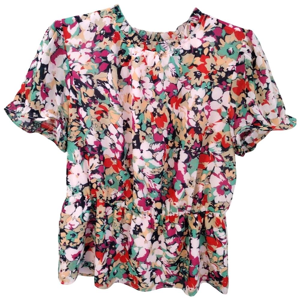 J. Crew NEW Floral Crinkle Chiffon Ruffle Neck Short Sleeve Peplum Blouse Small